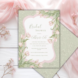 Pink Tulips Floral Vintage Sage Bridal Shower  Invitation