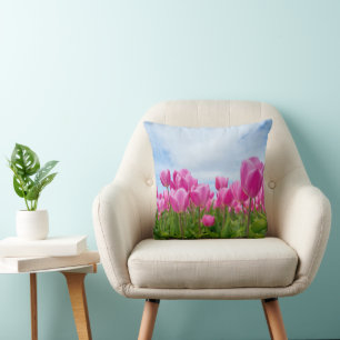Pink Tulips Flowers Throw Pillow