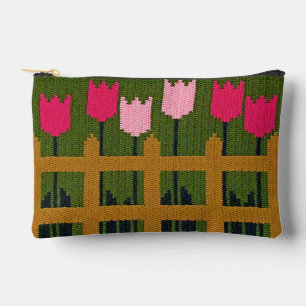 Pink Tulips Green Garden Artisan Crochet Print  Accessory Pouch