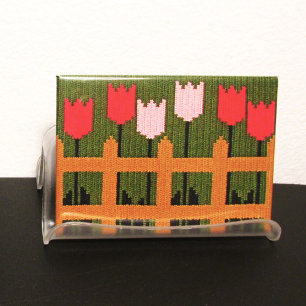 Pink Tulips Green Garden Artisan Crochet Print     Magnet
