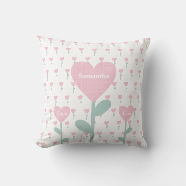 Pink Tulips Hearts Name Love Hope Cute Girly Cushion (Front)