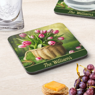 Pink Tulips in Basket Coaster