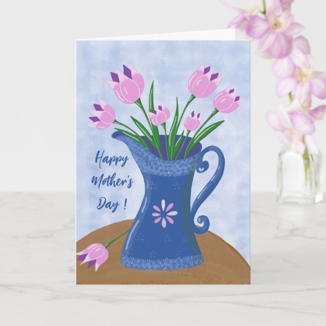 Pink tulips In Jug Mother's Day Greeting Card (Orchid)