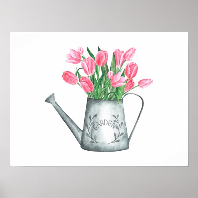 Pink Tulips in Watercan Watercolor Poster (Front)