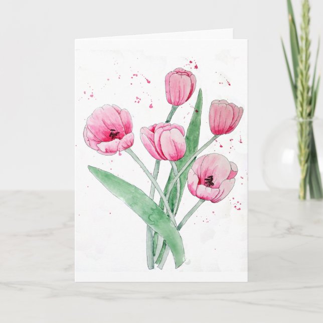 Pink Tulips in Watercolors Thank You Card (Front)