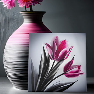 Pink Tulips Ink Sketch Ceramic Tile