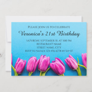 Pink tulips on a blue background invitation