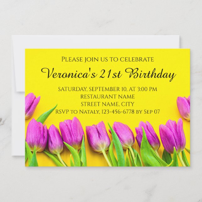 Pink tulips on a yellow background invitation (Front)