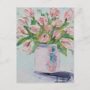 Pink Tulips Painting, Tulip Art, Textured Flowers Postcard