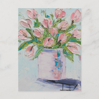 Pink Tulips Painting, Tulip Art, Textured Flowers Postcard