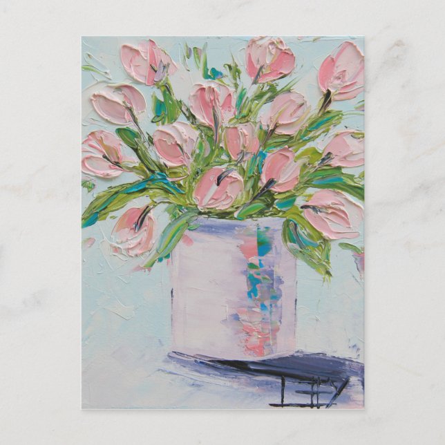 Pink Tulips Painting, Tulip Art, Textured Flowers Postcard (Front)