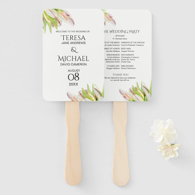 Pink Tulips Personalised Program Garden Wedding Hand Fan (Front and Back)