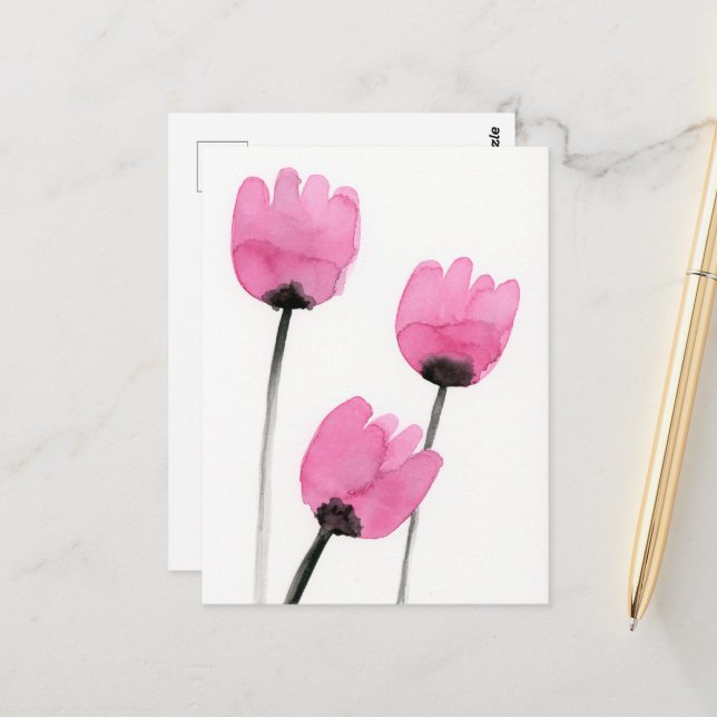 Pink Tulips Postcard, Watercolor Flowers Painting Postcard (Front/Back In Situ)