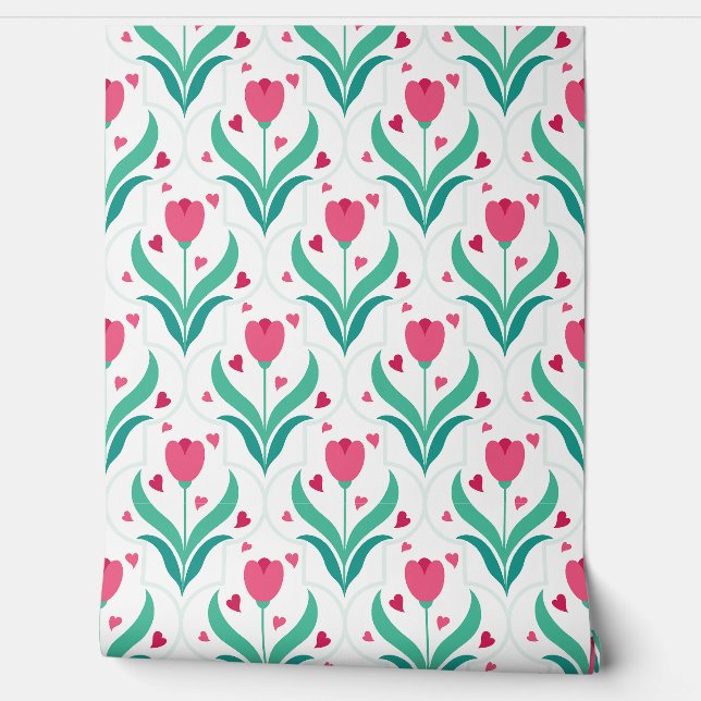 Pink Tulips Romantic Pattern Wallpaper (Unrolling)
