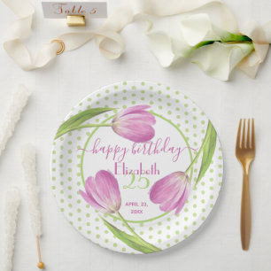 Pink tulips Spring Elegant Floral Easter Birthday Paper Plate