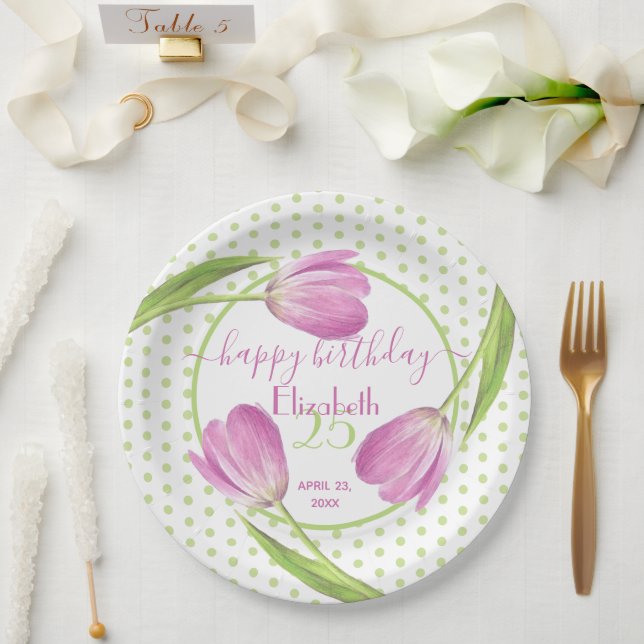 Pink tulips Spring Elegant Floral Easter Birthday Paper Plate (Wedding)