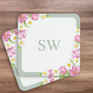 Pink Tulips Spring Flowers Monogram Coasters