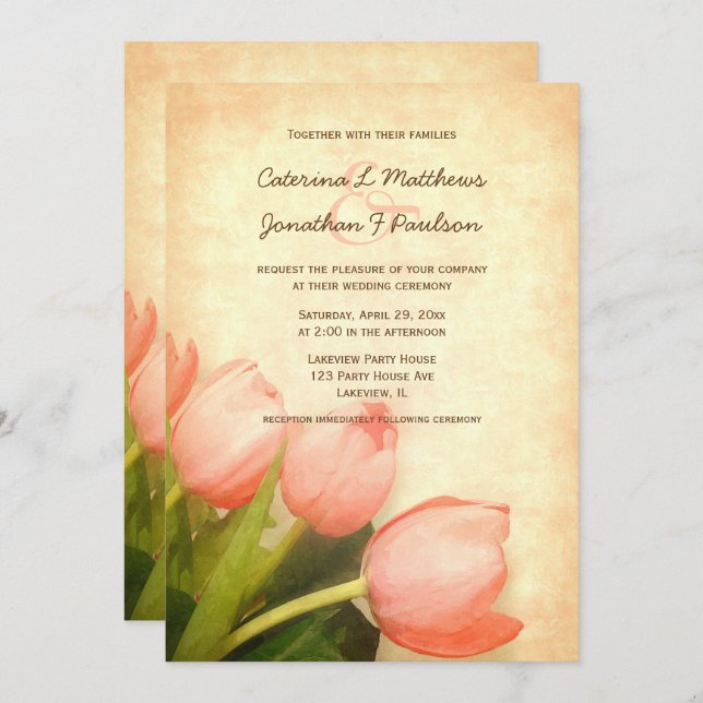 Pink tulips spring wedding invitation (Front/Back)