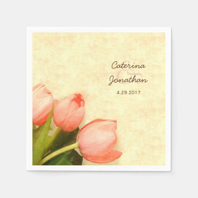 Pink tulips spring wedding reception napkin (Front)