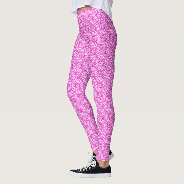 Pink tulips twisted damask leaves pattern leggings (Left)