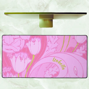 Pink Tulips Vintage Floral Print Desk Mat