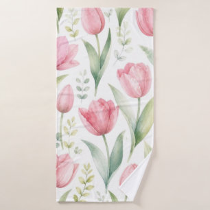 Pink Tulips Watercolor Floral Painting Botanical Bath Towel
