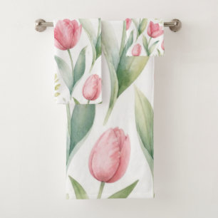 Pink Tulips Watercolor Floral Painting Botanical Bath Towel Set