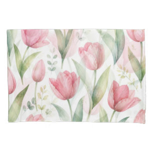 Pink Tulips Watercolor Floral Painting Botanical Pillowcase