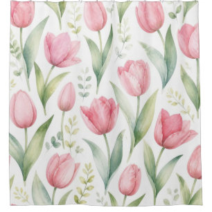 Pink Tulips Watercolor Floral Painting Botanical Shower Curtain