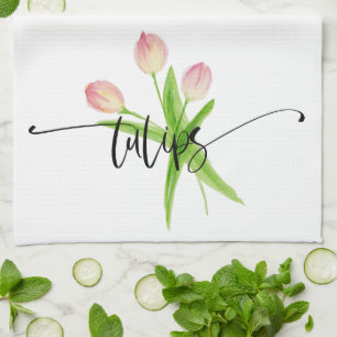 Pink Tulips Watercolor Kitchen Towel