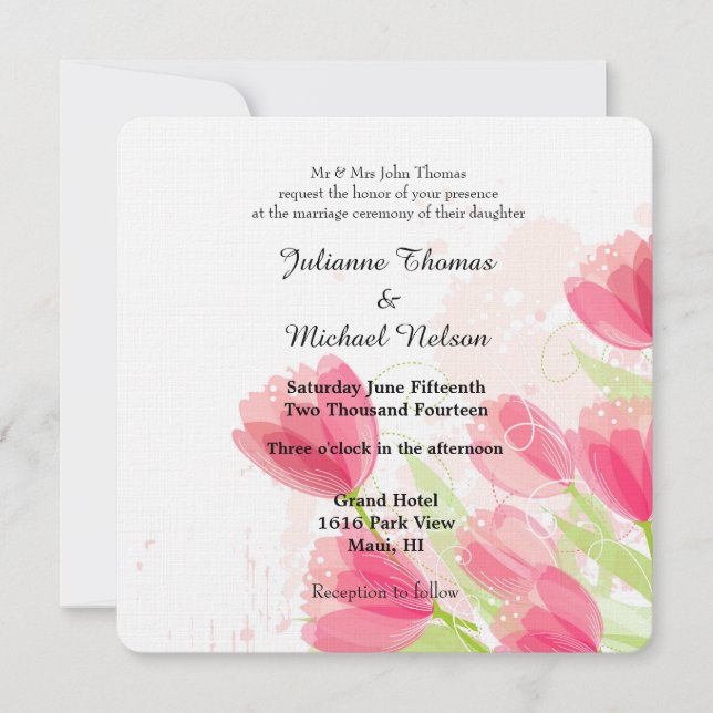 Pink Tulips Wedding Invitation (Front)