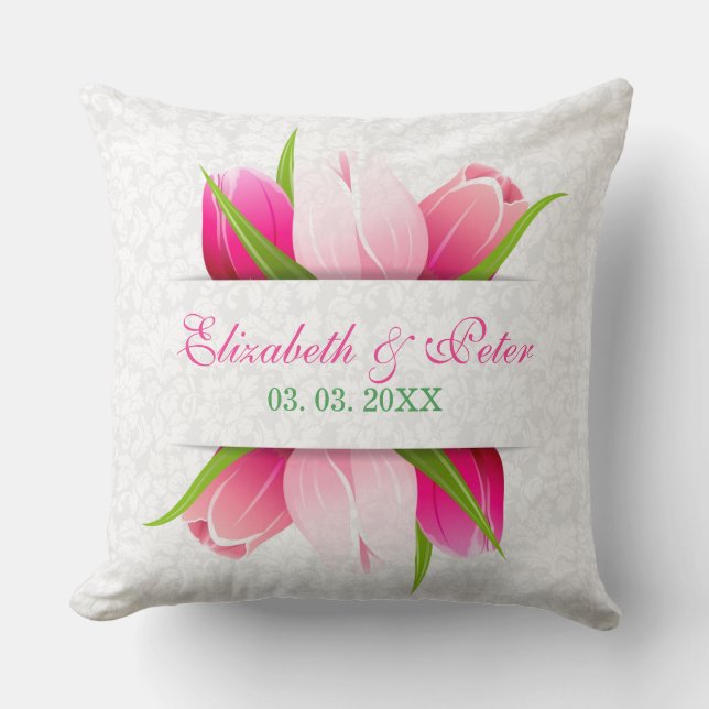 Pink Tulips White Damasks Background Cushion (Front)