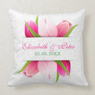 Pink Tulips White Damasks Background Cushion