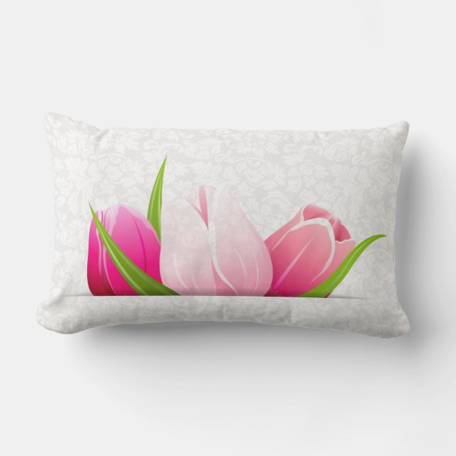 Pink Tulips White Damasks Background Lumbar Cushion (Front)