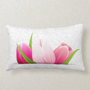 Pink Tulips White Damasks Background Lumbar Cushion
