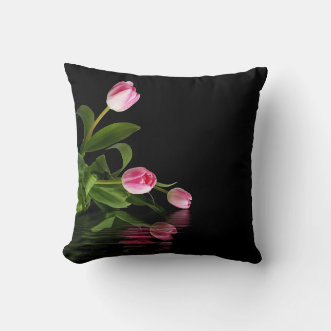 Pink Tulips with  Black Water Reflection Cushion (Front)
