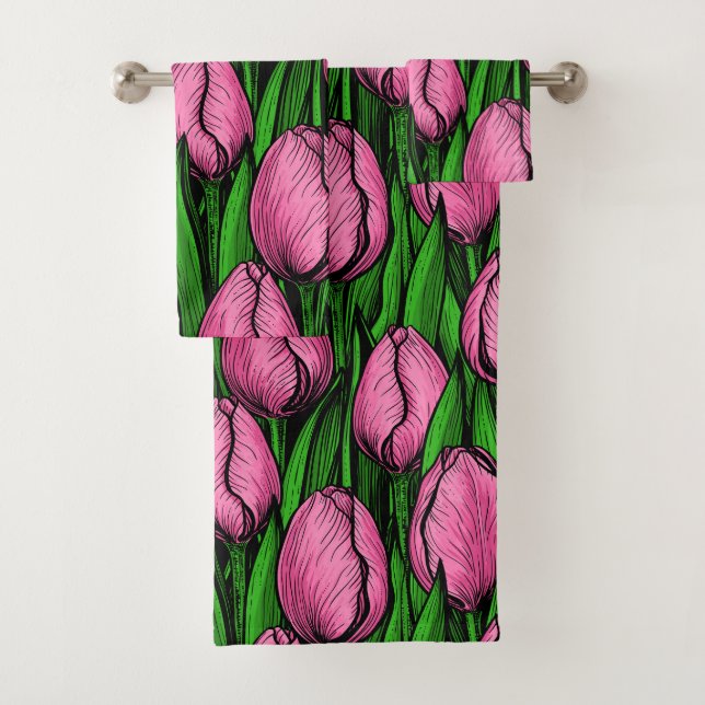 Pink tulips with green leaves bath towel set (Insitu)