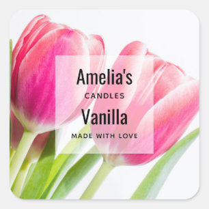 Pink Tulips with Green Leaves - Candle Business Square Sticker