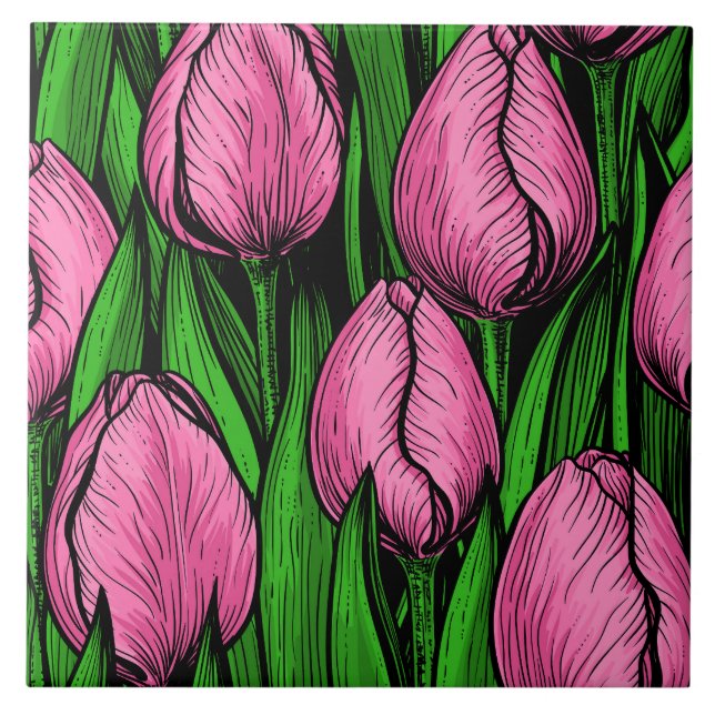 Pink tulips with green leaves ceramic tile (Front)
