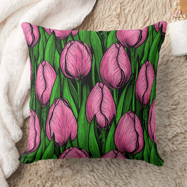 Pink tulips with green leaves cushion (Blanket)