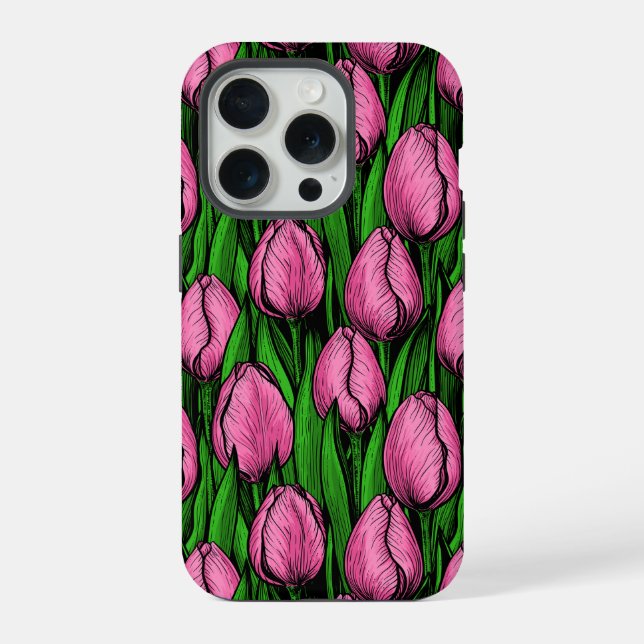 Pink tulips with green leaves iPhone case (Back)