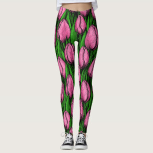 Pink tulips with green leaves leggings