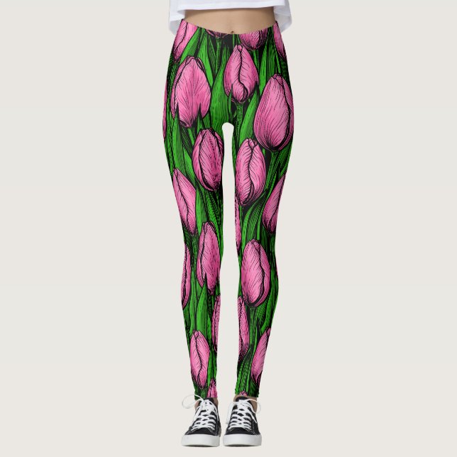 Pink tulips with green leaves leggings (Front)