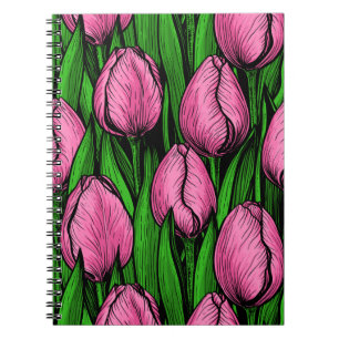 Pink tulips with green leaves notebook