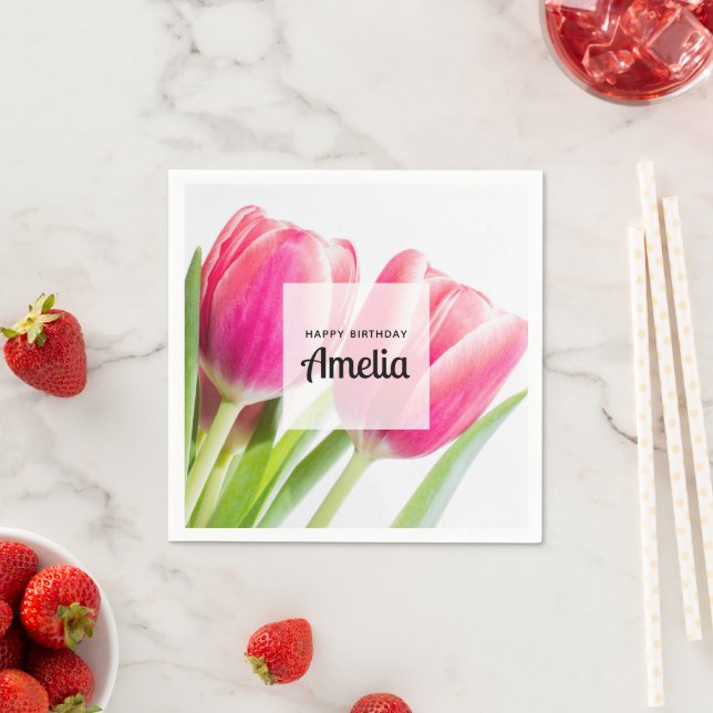 Pink Tulips with Green Leaves Photo Birthday Napkin (Insitu)