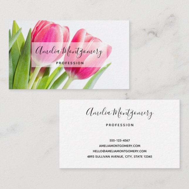Pink Tulips with Green Leaves Photo Business Card (Front/Back)