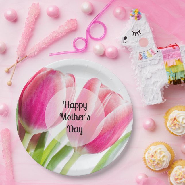 Pink Tulips with Green Leaves Photo Mother's Day Paper Plate (Party)