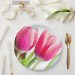 Pink Tulips with Green Leaves Photo Paper Plate