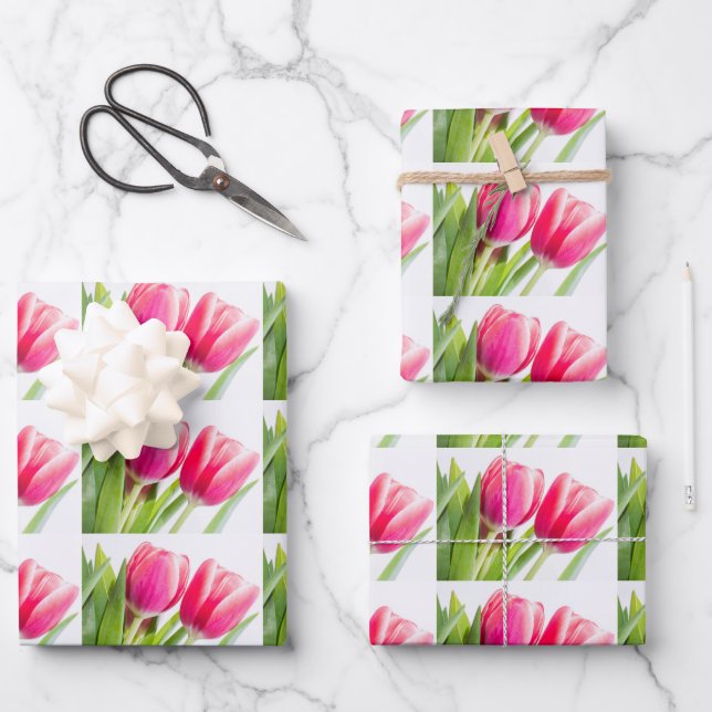 Pink Tulips with Green Leaves Photo Pattern Wrapping Paper Sheet (Front)