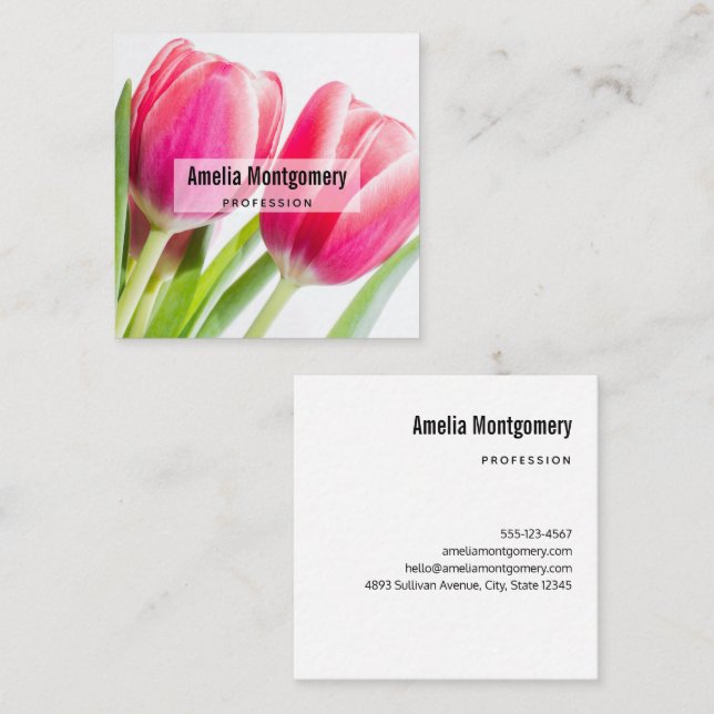 Pink Tulips with Green Leaves Photo Square Business Card (Front/Back)
